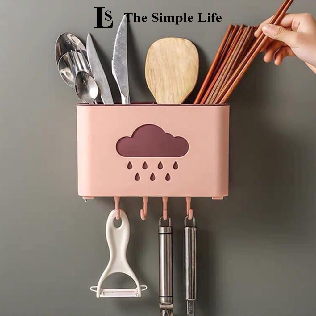 Ống đựng đũa treo tường, ống đũa nhựa dán tường 2 ngăn chắc chắn có móc treo hình mây dễ thương cao cấp [CHÍNH HÃNG]