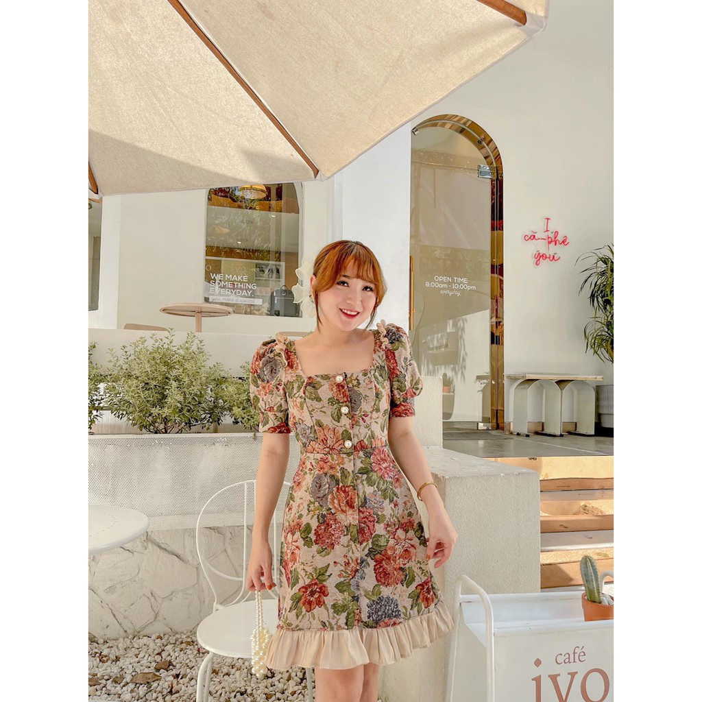 Đầm dáng xòe gấm hoa cao cấp phối nút - Flora Dress