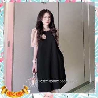 Váy bầu đẹp☘️đầm bầu công sở dáng suông đen hoa ngực phối tay voan🌸chất lụa hàn siêu mát siêu mềm☘️free size 43~68kh
