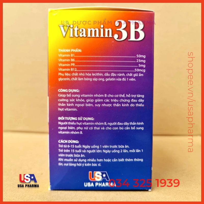 Vitamin 3B Giúp bổ sung và dự phòng thiếu hụt vitamin B1, B6, B12 cho cơ thể - Hộp màu tím 100 viên