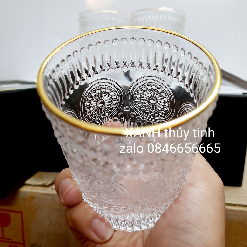 Cốc thủy tinh họa tiết Mặt trời (RETRO) sang trọng, cổ điển viền vàng 300ml - 365ml (1 chiếc)