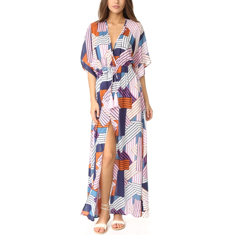 Đầm maxi tay lỡ họa tiết hình học nhiều màu sắc phong cách boho thời trang mùa hè cho nữ