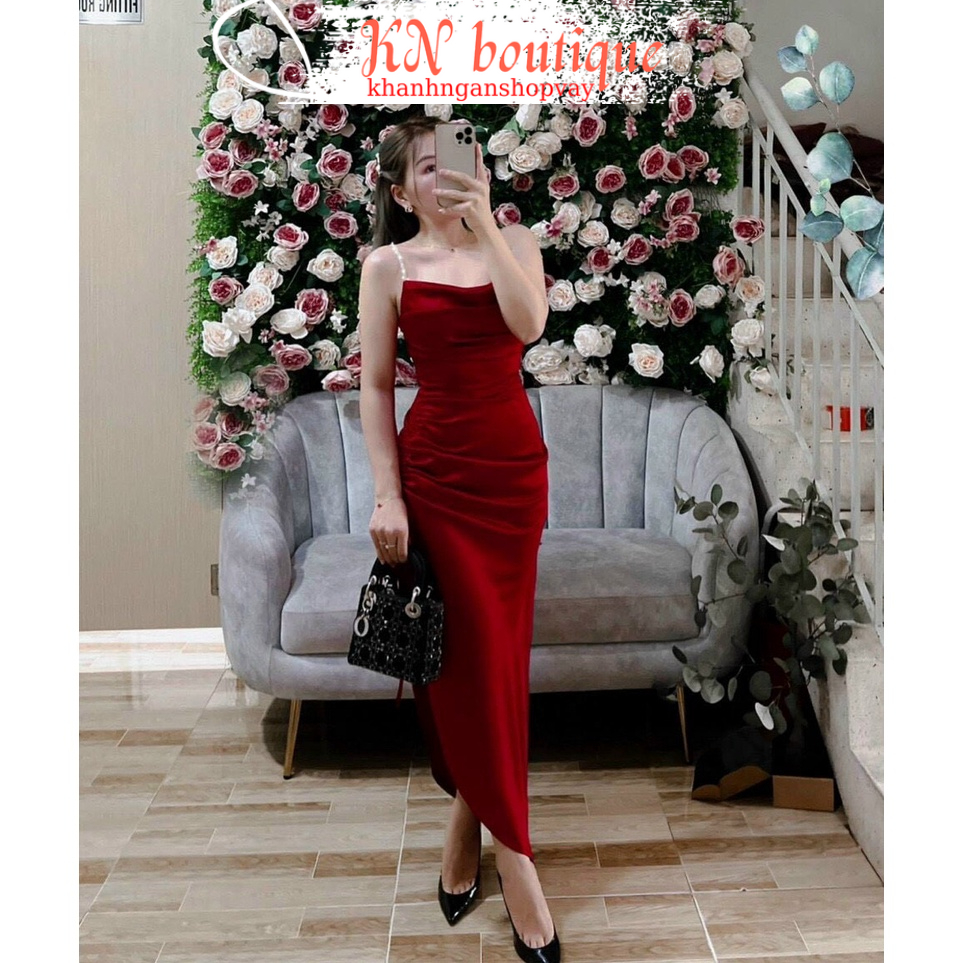 Đầm đỏ dự tiệc sang chảnh váy đỏ 2 dây rút eo quyến rũ K N Boutique