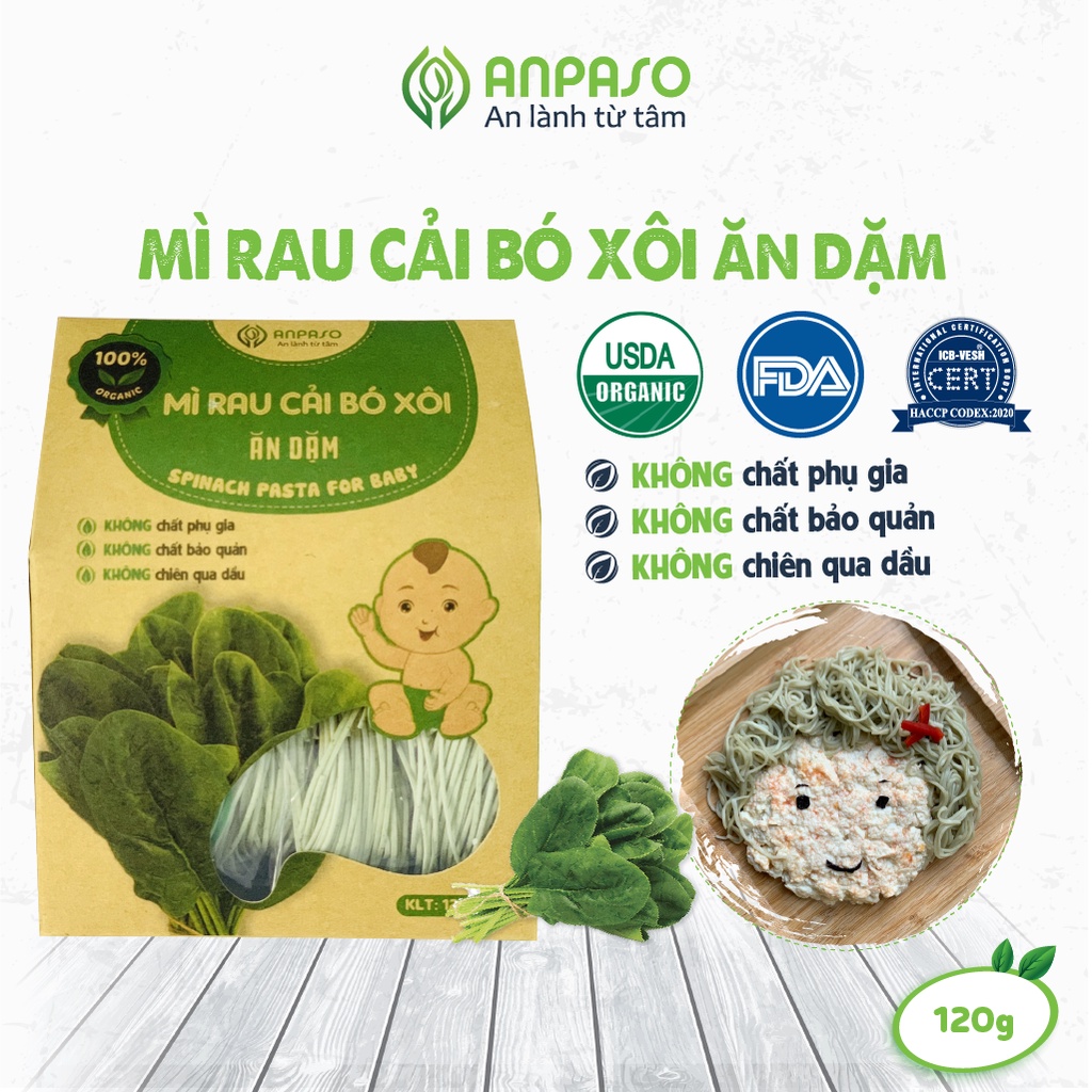 Mì Ăn Dặm Cho Bé Cải Bó Xôi Hữu Cơ Organic Anpaso, BLW, kiểu Nhật từ 7 tháng bổ sung chất xơ, cải thiện táo bón 120g