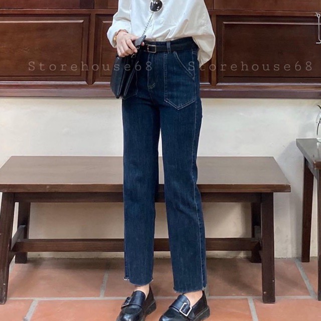 Quần jean bò ống đứng túi hộp hai bên bên - Culottes dáng suông ống rộng màu xanh đậm cá tính | BigBuy360 - bigbuy360.vn