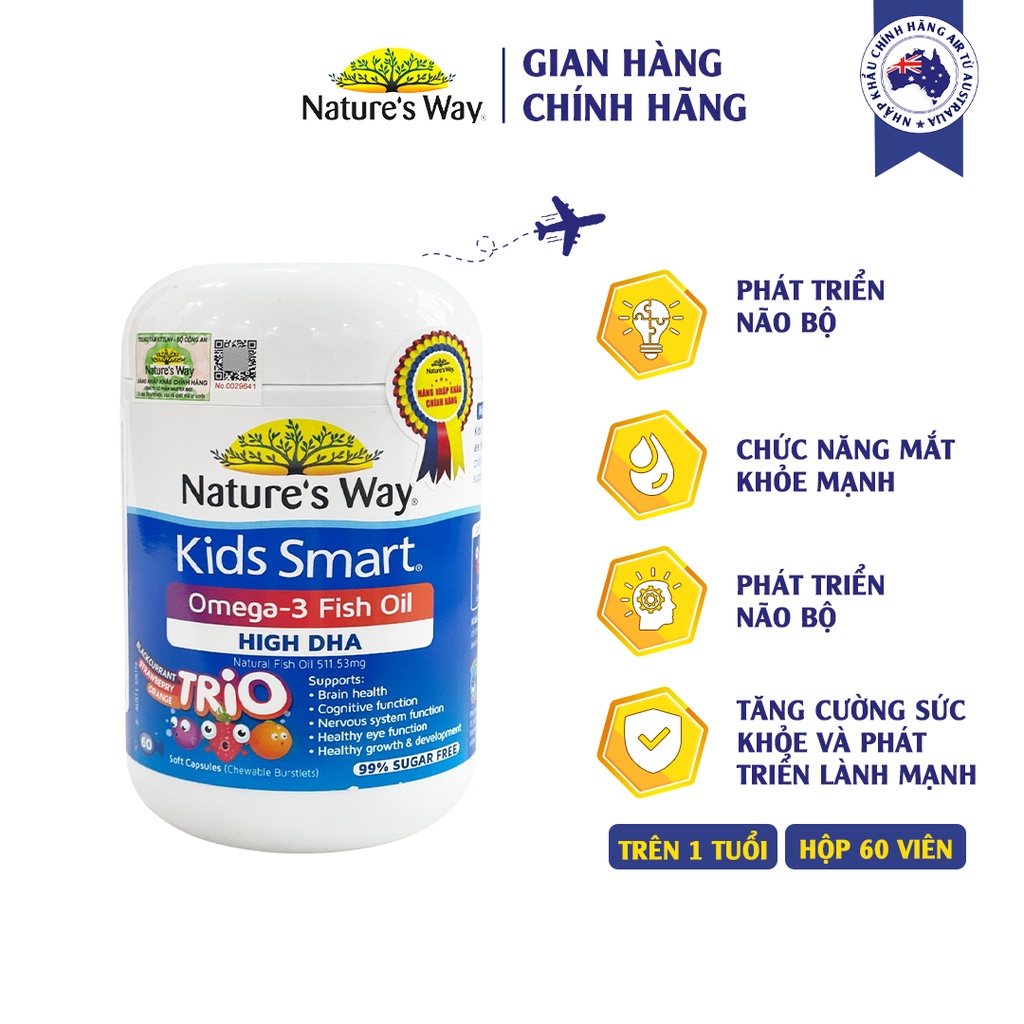 Viên Uống Dầu Cá Nature's Way Omega-3 Fish Oil Trio Giúp Bổ Sung DHA Phát Triển Trí Tuệ Cho Bé 60 Viên