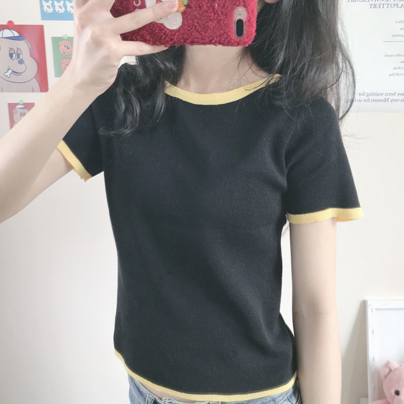 AMOI Áo polo Dệt Kim Tay Ngắn Cổ Tròn Thời Trang Hàn Quốc Cho Nữ