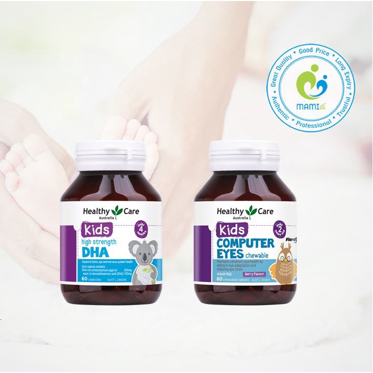 Viên uống DHA (60v) bổ sung omega-3 cho trí não bé từ 4 tháng tuối Healthy Care Kids High Strength DHA, Úc