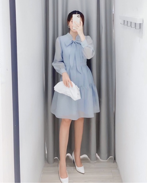 Đầm xoè cổ nơ dài tay xinh xắn 3 màu | BigBuy360 - bigbuy360.vn