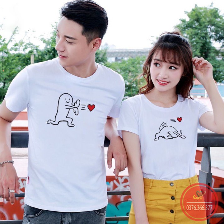 Áo cặp đôi dễ thương thun cotton mềm mịn cổ tròn tay ngắn màu trắng mẫu AC101T DONGPHUCSG