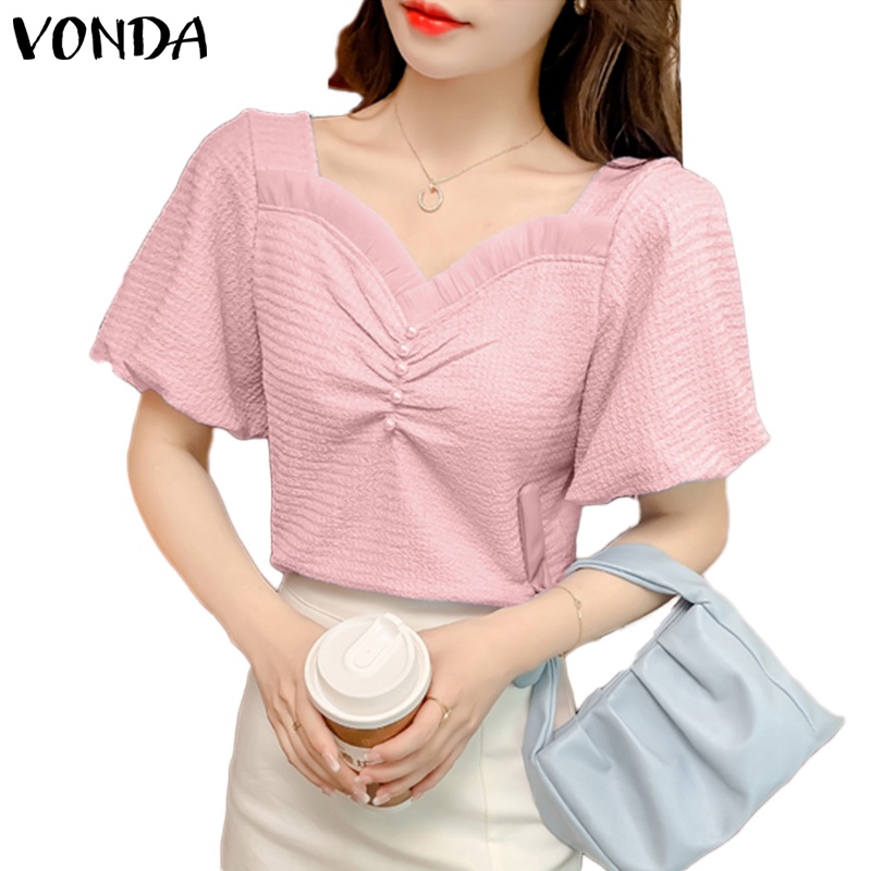 Áo Kiểu Tay Phồng Ngắn Cổ Chữ V Đính Hạt Phong Cách Hàn Quốc Cho Nữ