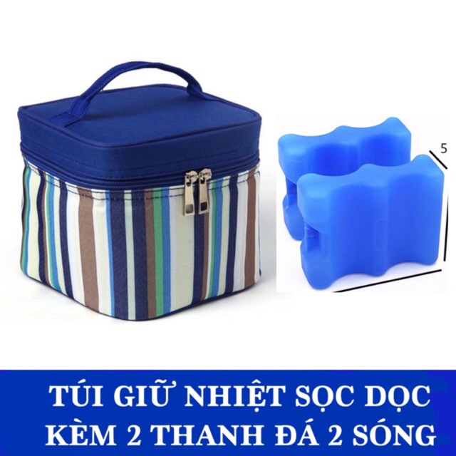 Combo túi giữ nhiệt sọc dọc + 2 đá thanh 2 sóng (màu xanh và đỏ)