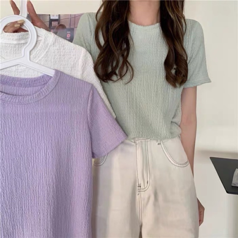Áo thun xốp nhăn tay ngắn cổ tròn màu pastel