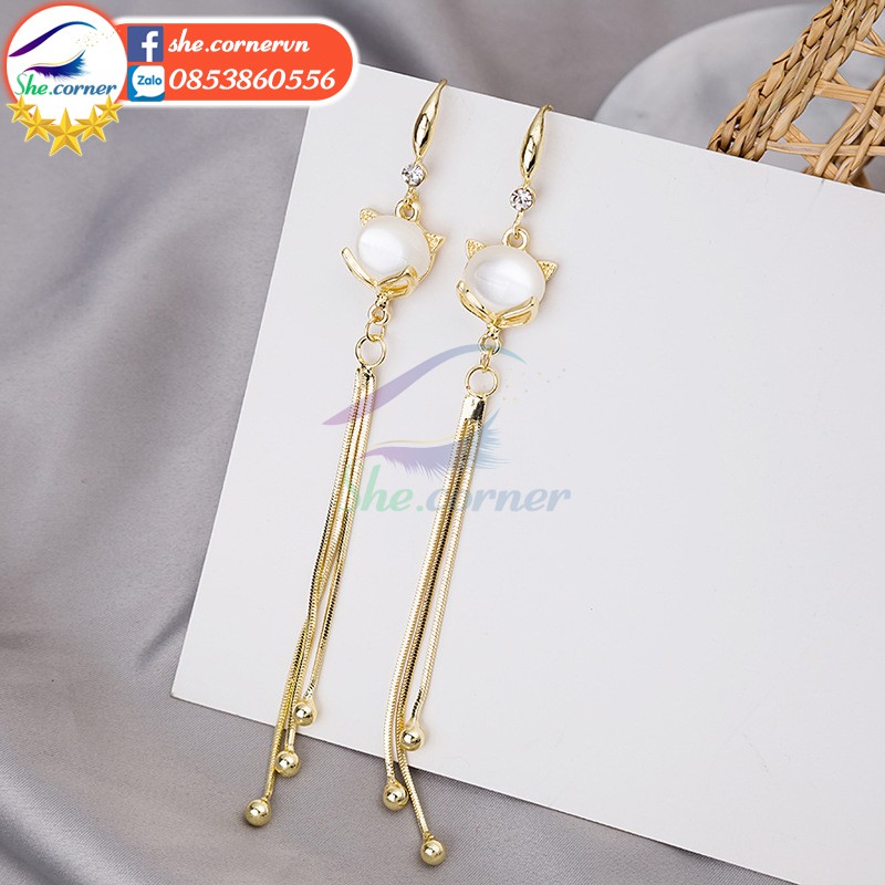 Bông tai hoa tai Hàn Quốc E3379 hồ ly đính đá tua dua dài ánh vàng