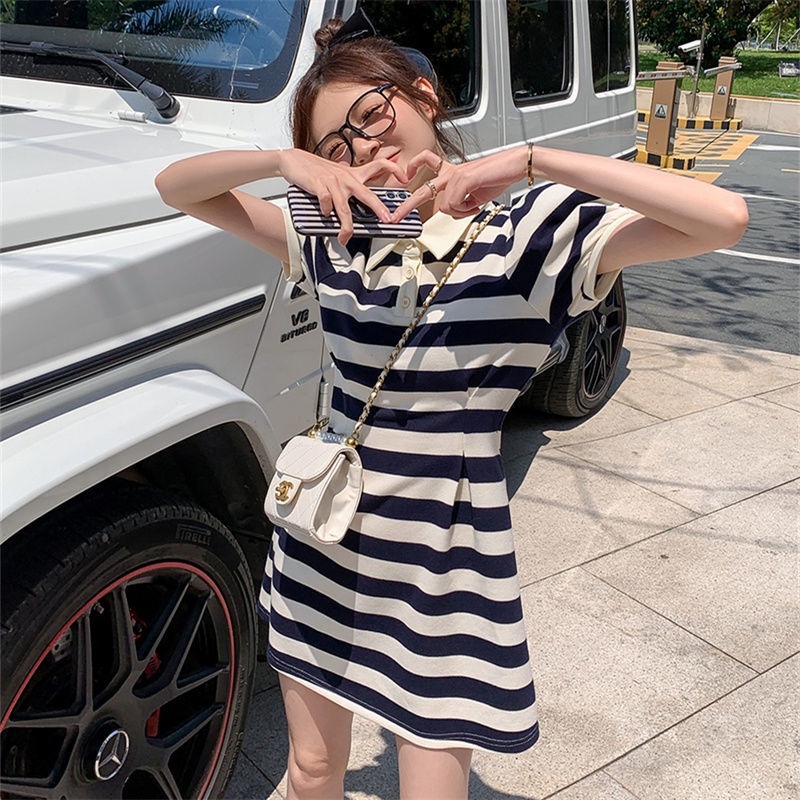 COZOK Đầm Tay Ngắn Cổ Polo Họa Tiết Kẻ Sọc Thời Trang
