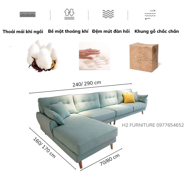 Bộ sofa góc L nỉ H20L2 H2 Furniture vải nỉ mềm mại kết hợp đệm êm ái đàn hồi Sofa cho phòng khách, phòng chờ