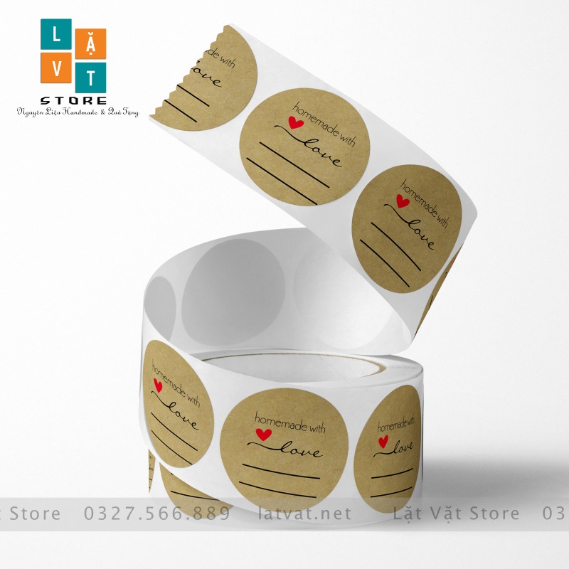 Tem tròn decal Handmade With Love có dòng để ghi chú cho khách, cảm ơn tri ân khách hàng, cảm ơn khách yêu.