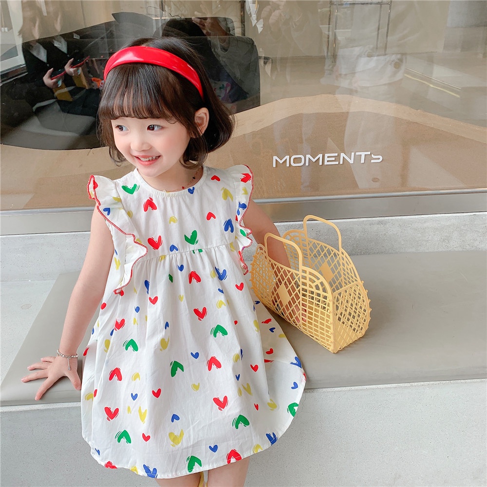 Đầm Tay Loe In Hình Trái Tim Đáng Yêu Cho Bé Gái