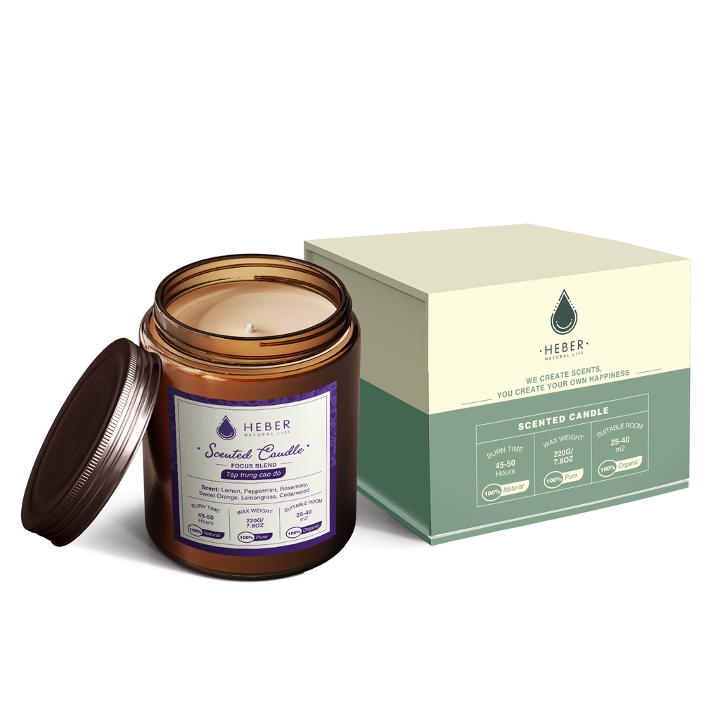 Nến Thơm Tập Trung Cao Độ Focus Scented Candle Heber Natural Life Thiên Nhiên Cao Cấp, Thơm Phòng Thư Giãn, 100g & 220g