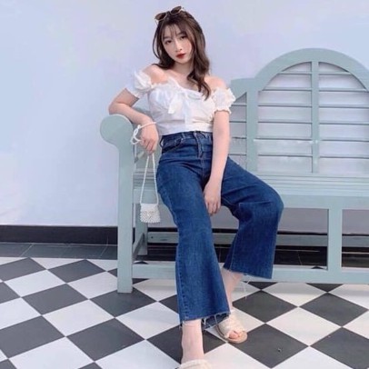 Quần bò ống rộng denim tua gấu