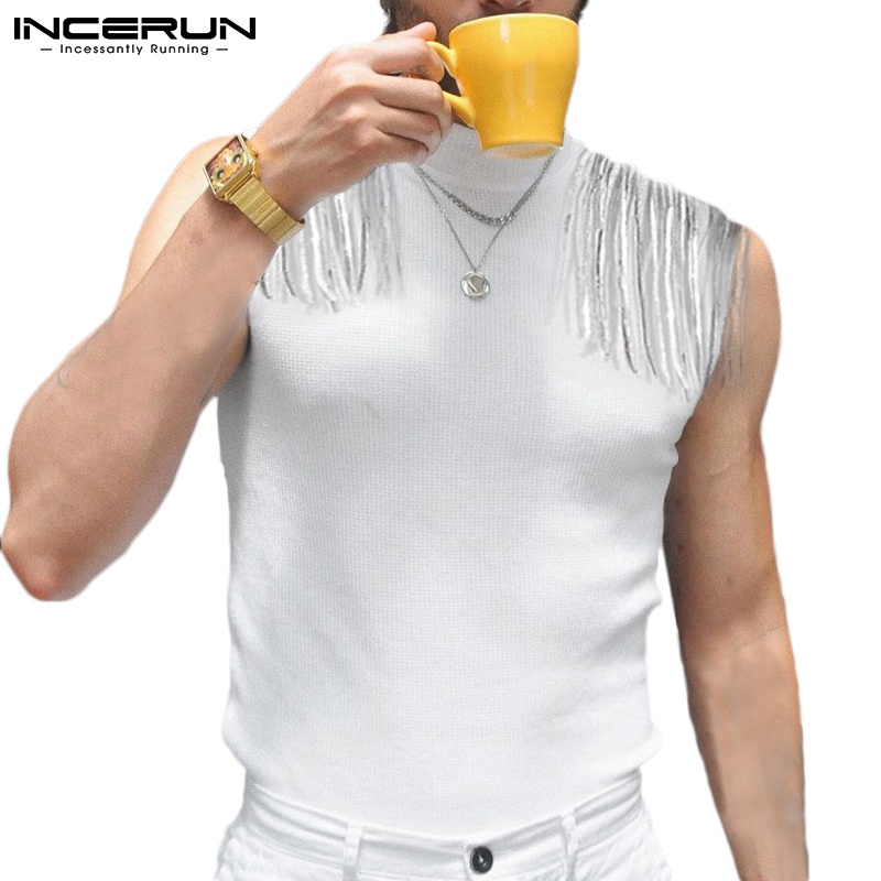 Áo thun INCERUN không tay dáng ôm phối tua rua màu trơn sành điệu cho nam