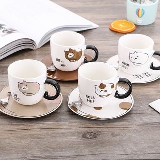 Cốc sứ kèm ĐĨA và THÌA bộ HOLD ME cao cấp dung tích 300ml họa tiết CUTE CAT dễ thương, ly sứ quà tặng thông điệp ý nghĩa