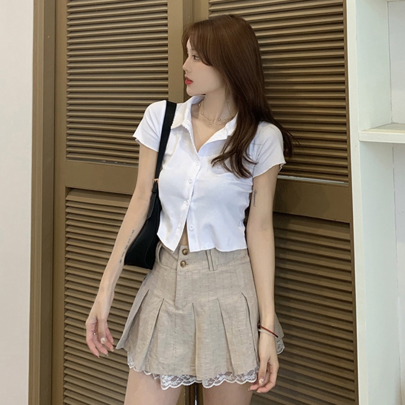 Brroa Chân Váy Kaki Mini Xếp Ly Cài Nút Phối Ren Hai Lớp Phong Cách Harajuku Cổ Điển Đường Phố Cho Nữ