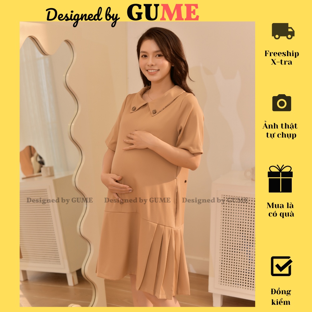 Đầm Bầu Công Sở - Váy Bầu GUME màu NÂU CHÉO HÀN ĐUÔI CÁ XẾP LY họa tiết cúc lá cổ size 40-100kg GM001-ảnh thật