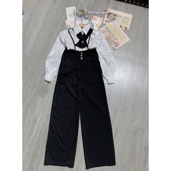 Set áo sơ mi tơ lụa kèm quần yếm cổ nơ