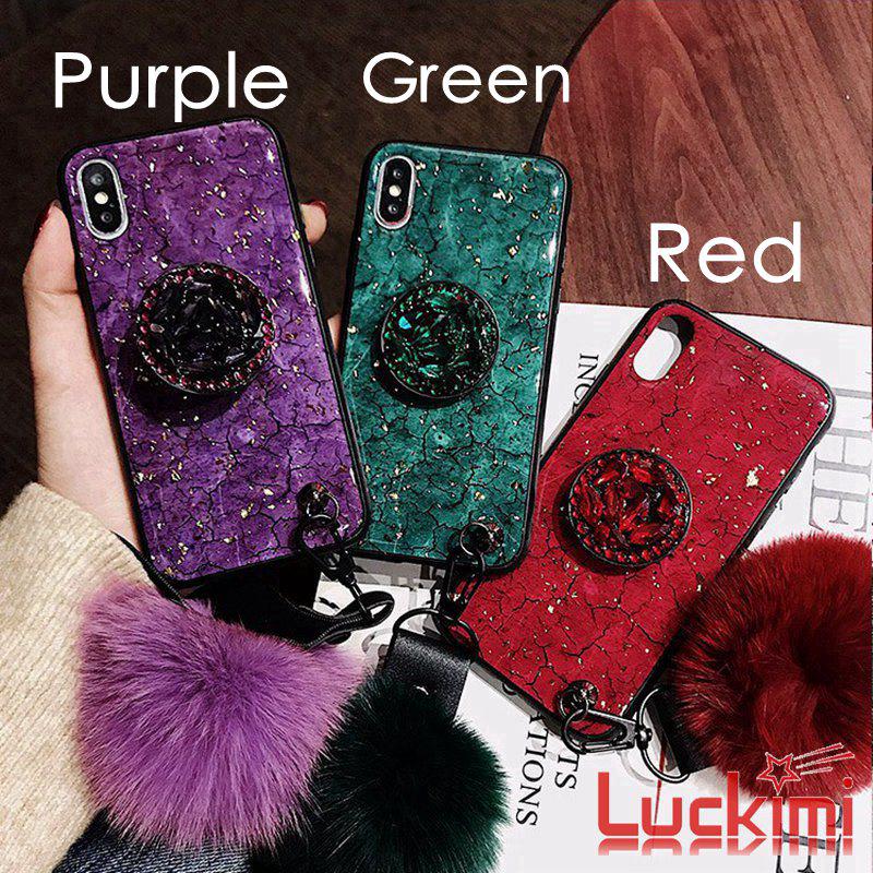 Ốp lưng kim tuyến có giá đỡ và dây đeo búp lông cho iPhone X XS XR XS Max 6 7 8 Plus