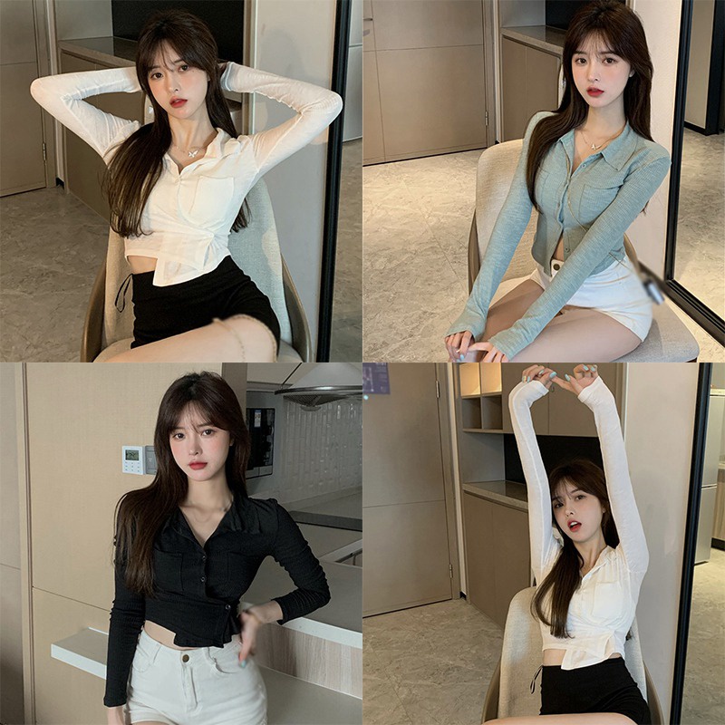 Áo Croptop Dệt Kim Tay Dài Dáng Ôm Màu Sắc Đơn Giản Phong Cách Hàn Quốc Thời Trang Cho Nữ