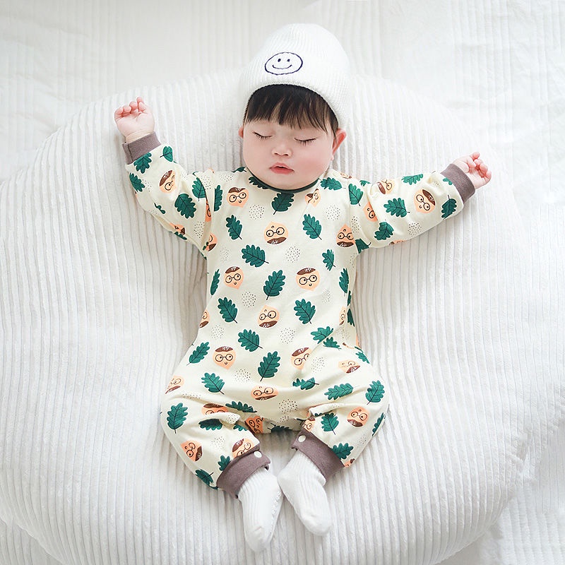 Bộ Áo Liền Quần Tay Dài Vải Cotton Thời Trang Xuân Thu Cho Bé Sơ Sinh