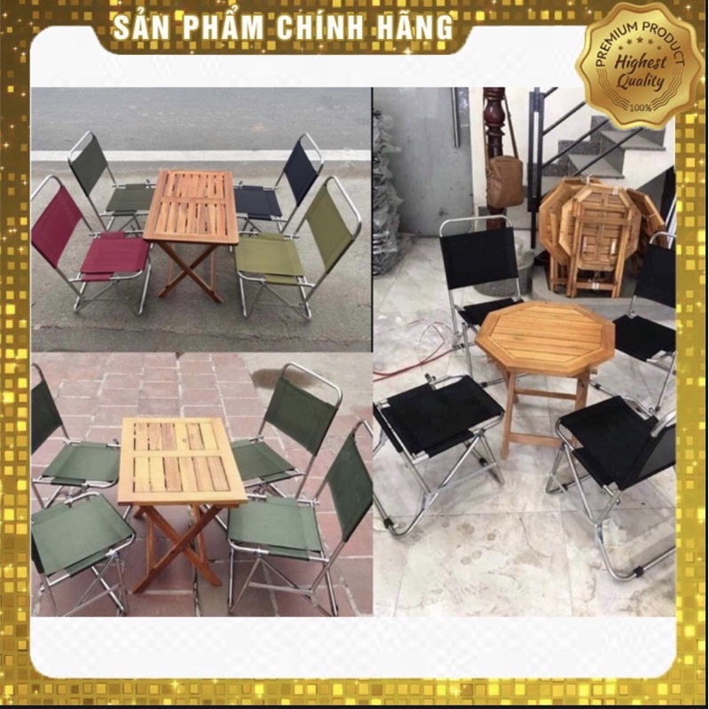 (🔥Rẻ vô địch🔥) Set 1 bàn gỗ gấp chữ nhật, bát giác và 4 ghế dù khung inox gấp gọn cho quán trà sữa, cafe, gia đình.