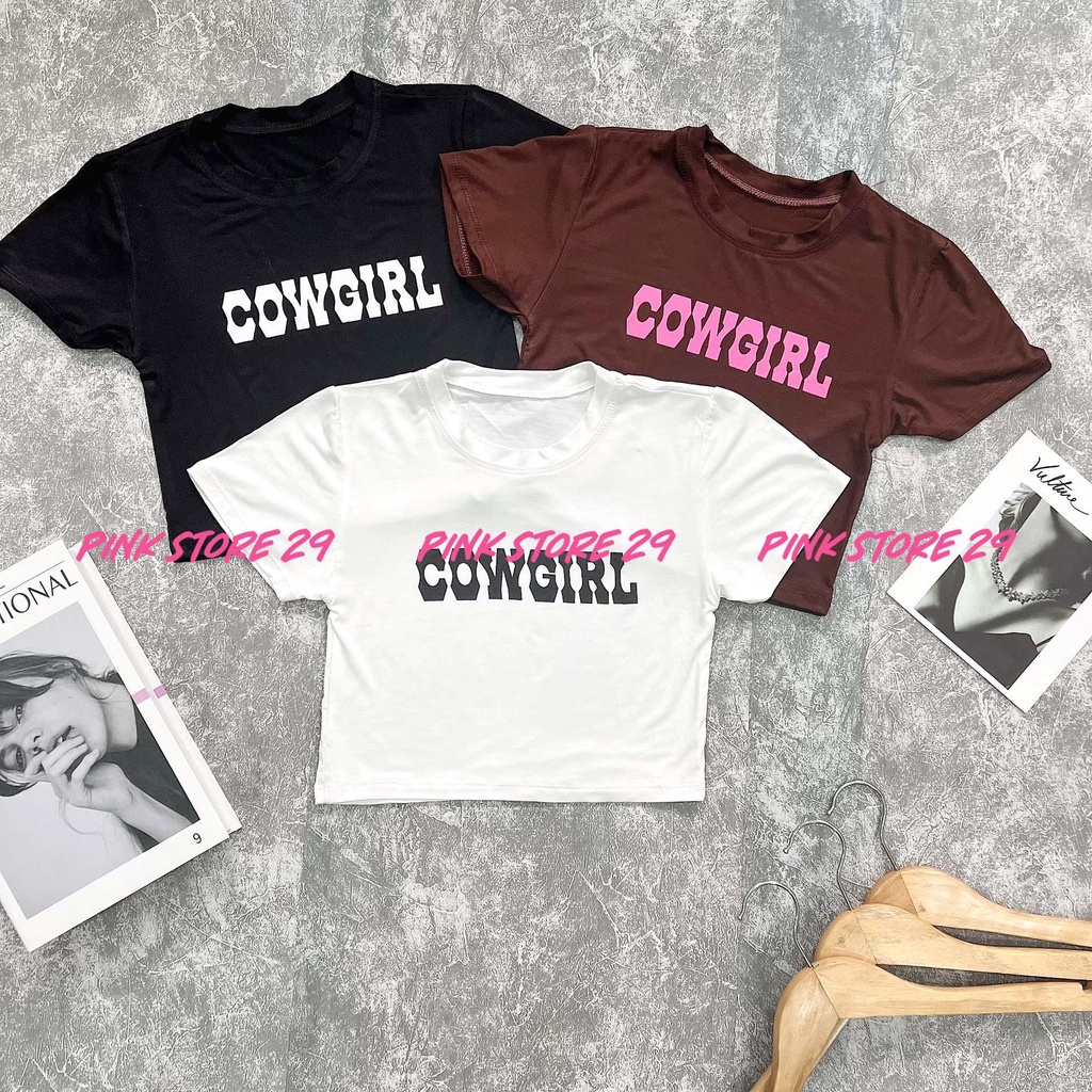 Áo Croptop Nữ Body Tay Ngắn alohashop91, Dáng Ôm In Chữ COWGIRL
