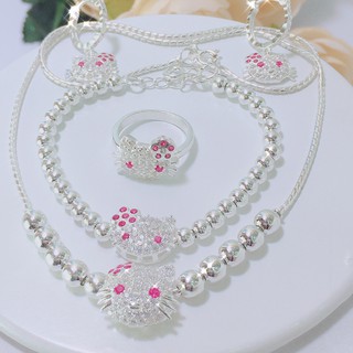 Bộ sản phẩm dây chuyền + vòng tay + nhẫn + khuyên hello kitty bạc cho bé đáng yêu bte0036 - trang sức bnj