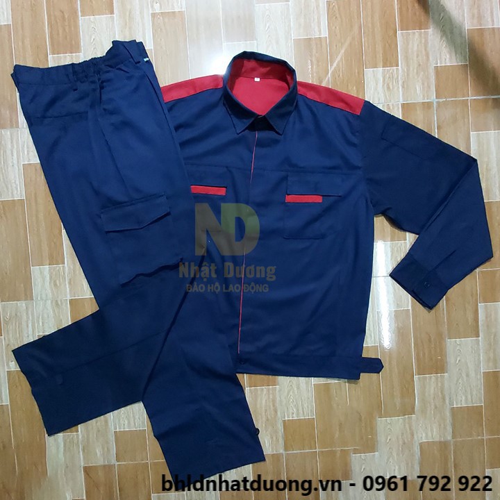 Quần áo bảo hộ lao động nam nữ TB11 vải kaki 65/35 màu xanh tím than phối đỏ -Nsafe