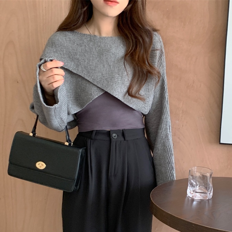 Áo sweater SUXI vải dệt kim tay dài hở vai màu sắc ngọt ngào phong cách Hàn Quốc cho nữ