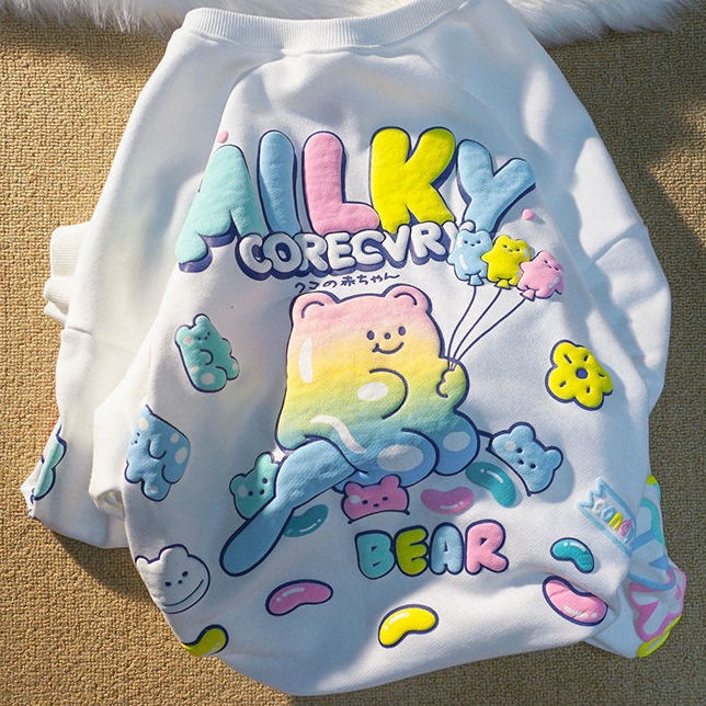 Áo Thun Tay Dài Dáng Rộng Cổ Tròn In Họa Tiết Chú Gấu Dễ Thương Cho Bé Trai Và Gái