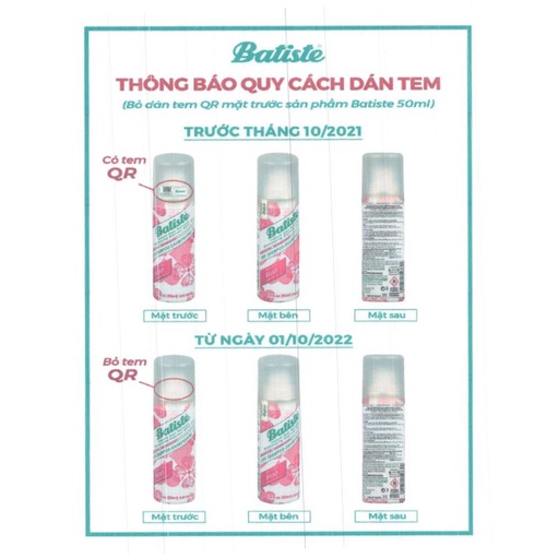 Dầu Gội Khô Giúp Làm Sạch, Tóc Bồng Bềnh Batiste Dry Shampoo