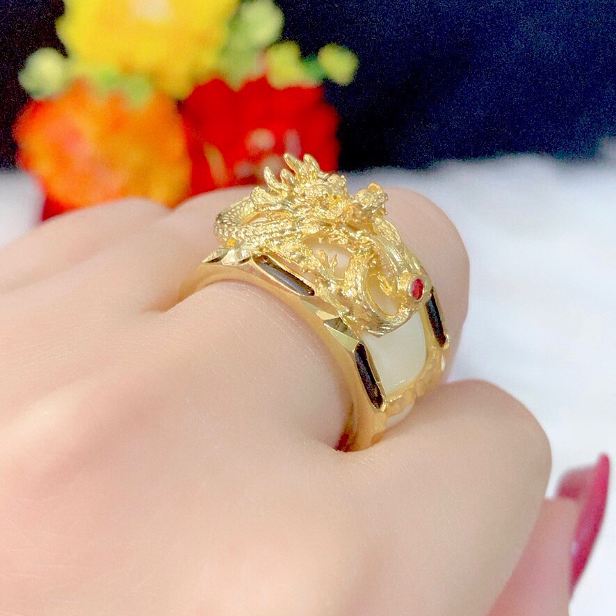 Nhẫn Nam Chạm Rồng Phong Thuỷ Mạ Vàng 18k Không Bay Màu Tài Lộc May Mắn