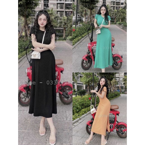 Đầm Xòe Tay Ngắn Cổ Tròn - Dáng Dài Maxi Xẻ Tà Cute