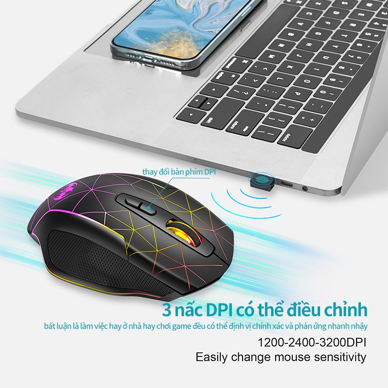 Chuột không dây cổng USB 2. 4G có thể sạc điện đèn 7 màu làm việc giải trí chơi game, thích hợp máy tính laptop