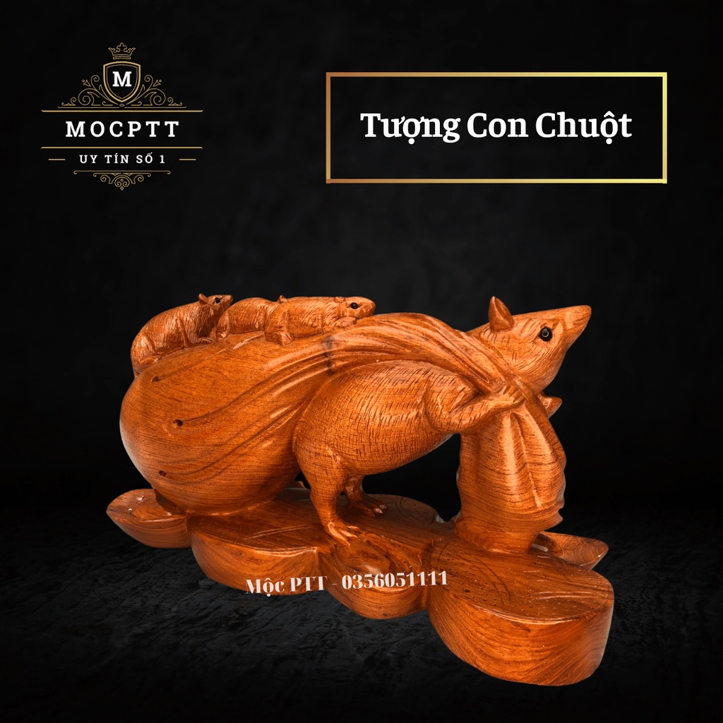Tượng Con Chuột kéo bao tiền gỗ Hương Đá kích thước 30 x 16 x 12 Cm CG01