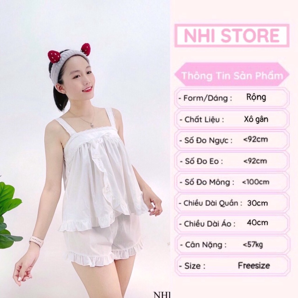 [FREESHIP 50K] Set Bộ Nữ NHISTORE Áo Hai Vai Ren Bản Lá Đắp Quần Ngắn Lai Bèo Vải Xước Gân Bụi Cá Tính 45 - 57 Kg