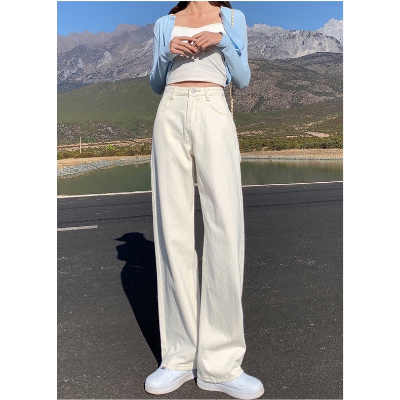 Quần jeans nữ kaki ống rộng xuông loe đứng, Quần bò cạp cao hottrend 2022