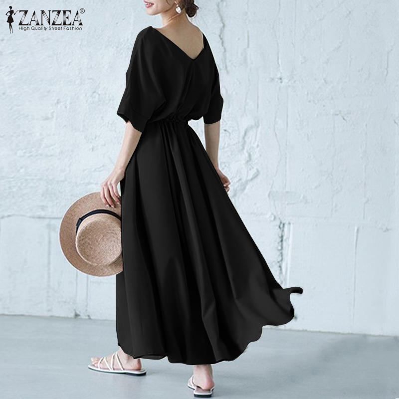ZANZEA Women's Casual Waist Drawstring V-Neck Solid Color Short Sleeve Dress | BigBuy360 - bigbuy360.vn