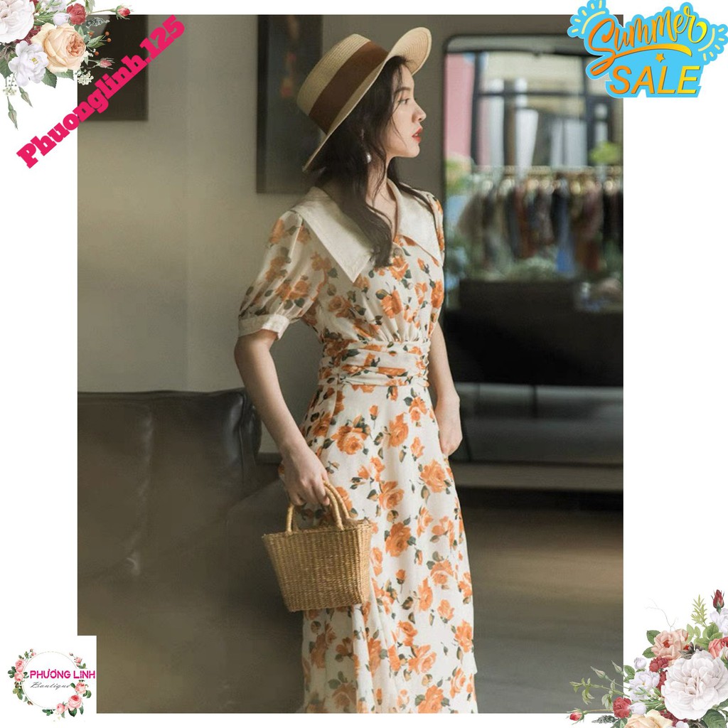 VÁY HOA VÀNG CAM PHỐI CÚC NGỌC VINTAGE | BigBuy360 - bigbuy360.vn