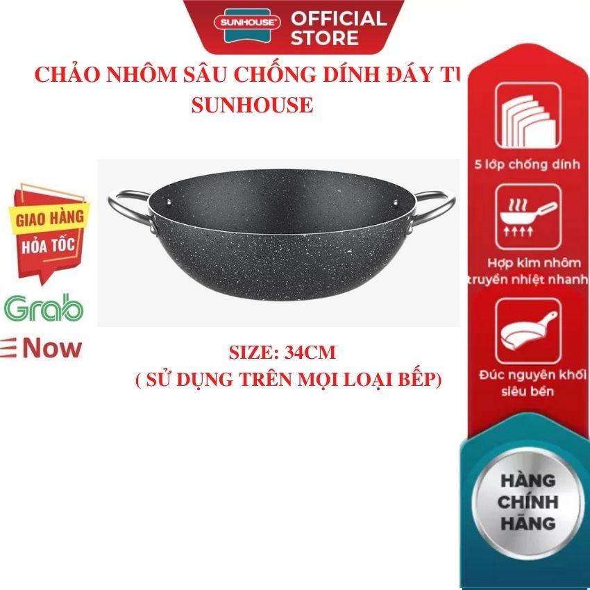 Chảo Nhôm Sâu Chống Dính Bếp Từ Vân Đá SUNHOUSE SWP34M-SWP36M 34CM 36 CM Siêu Dày (dùng được trên mọi loại bếp)