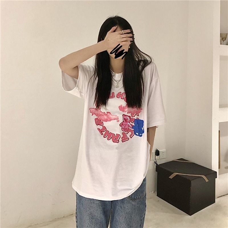 [L&Q]                             Korean style fried street bear short-sleeved 2021 Harajuku style oversized shirt for women tshirt tops