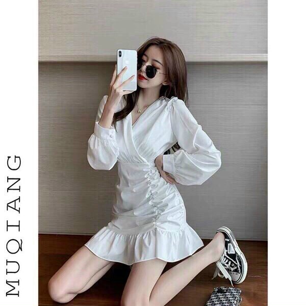 Đầm tiểu thư sang trọng dự tiệc cưới, đầm ôm body đuôi cá siêu dễ thương, phong cách thiết kế hàn quốc cổ V phối tay dài